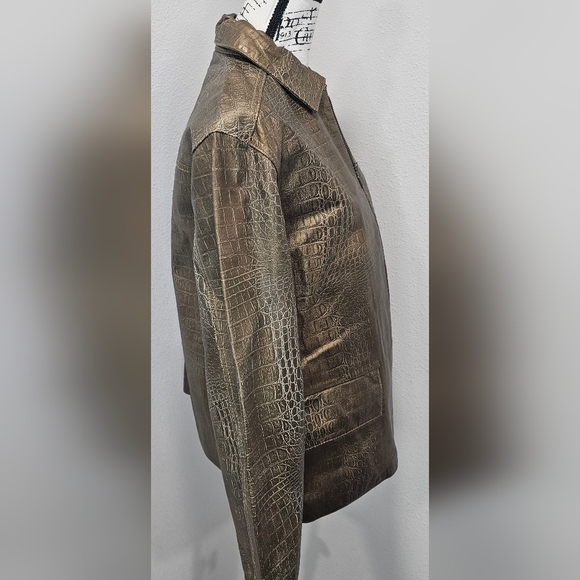 CHICO'S Womens 100% Leather Metallic Reptil Print Zip Front Pockets Jacket Sz 2 - Picture 10 of 16